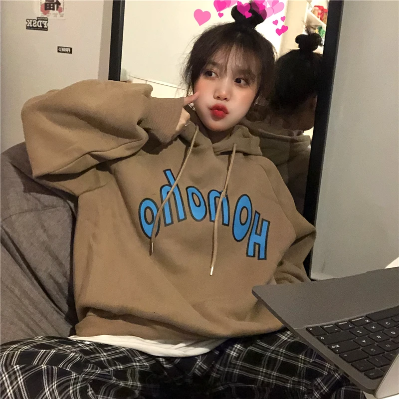 

Winter Leisure Ladies Pullover Hoodie Letter Printing Plus Velvet Thick Warm Oversized Hoodie Women